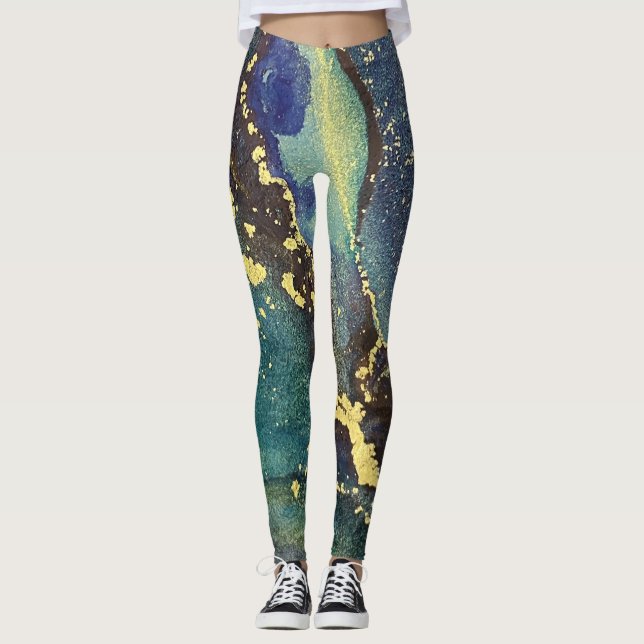 Leggings Encre d'alcool Abstraite Art Turquoise violet bleu (Devant)