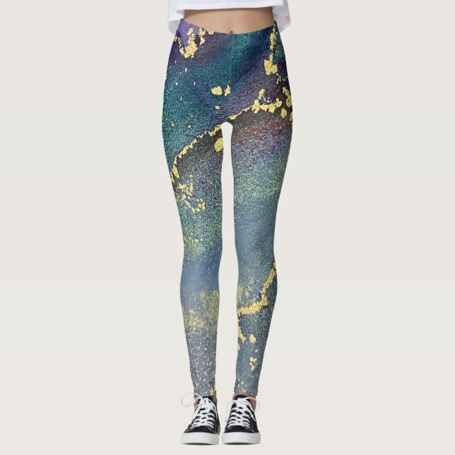 Leggings Encre d'alcool Abstraite Liquid Art Turquoise & Or (Devant)