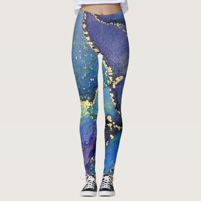 Leggings Encre d'alcool Abstraite Riche bleu or Aqua (Devant)