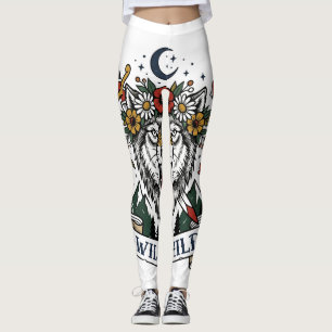 Leggings Enfant Sauvage Loup Couronne de Fleurs Tatouage Fl