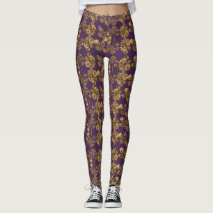 Leggings Estampe à fleurs damas doré sur violet