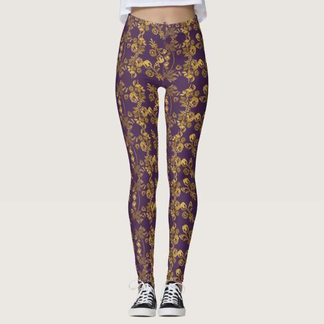 Leggings Estampe à fleurs damas doré sur violet (Devant)