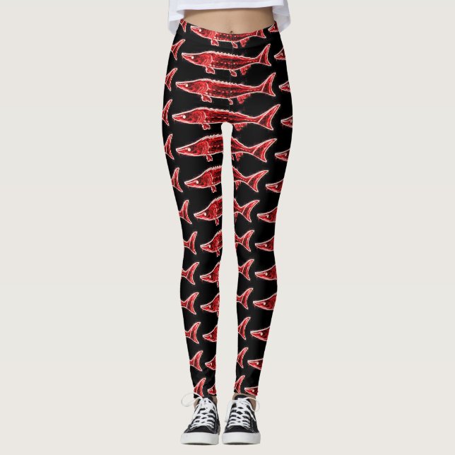 Leggings esturgeons rouges nageant le noir (Devant)