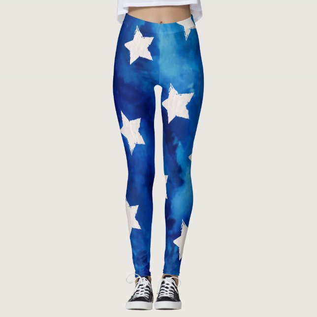 Leggings Étoiles blanches sur aquarelle bleue (Devant)