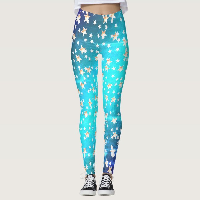 Leggings Étoiles d'or néon ombre bleu patriotique (Devant)