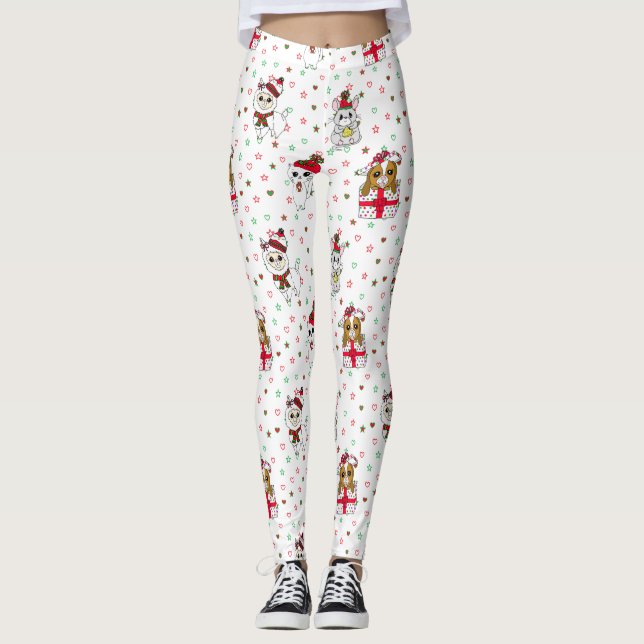 Leggings Étoiles et coeurs de Noël Llama, Kitten et souris (Devant)