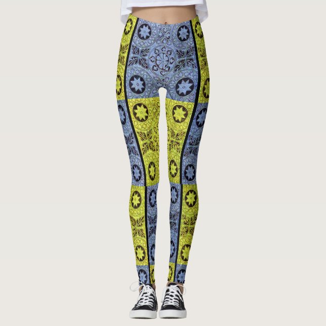 Leggings étoiles et roues en bleu et jaune (Devant)