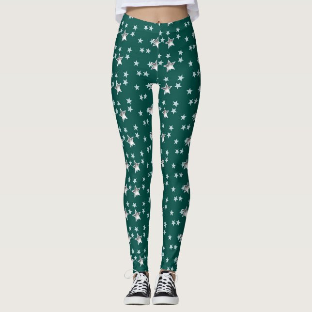 Leggings Étoiles Grises Et Arrière - plan Vert (Devant)