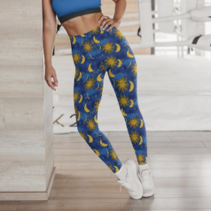 Leggings Étoiles Soleil Lune Motif Céleste Bleu Or