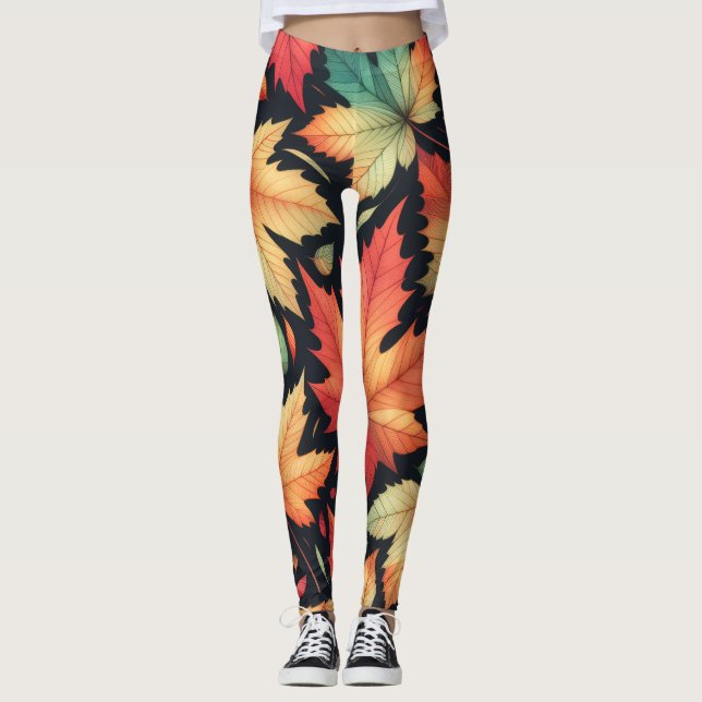Leggings Fall Autumn Maple Leaves Colorful Pattern  (Devant)