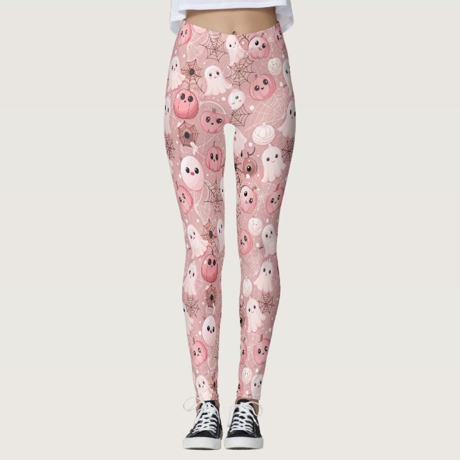 Leggings Fantômes roses et Halloween lunaire Citrouille (Devant)