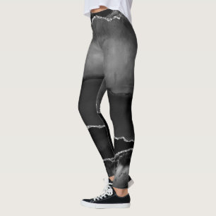 Leggings Fausse Agate Marbrée Noire Élégant Paillettes Arge