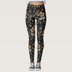 Leggings Faux Gold Beetles Fleurs Feuilles Fruits cerise