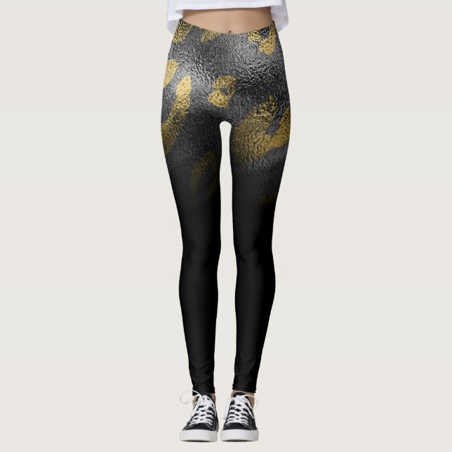 Leggings Faux Gold Leopard Cheetah Print Shiny Black Chic (Devant)