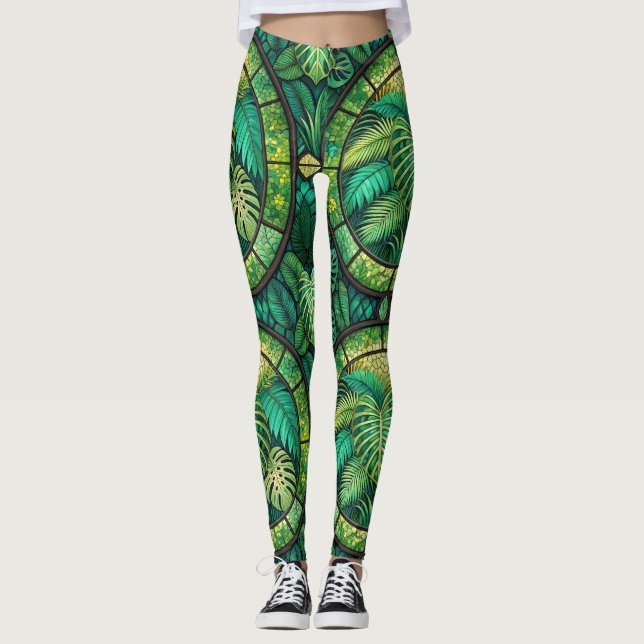 Leggings featuring a vibrant green tropical leaf  (Vorderseite)