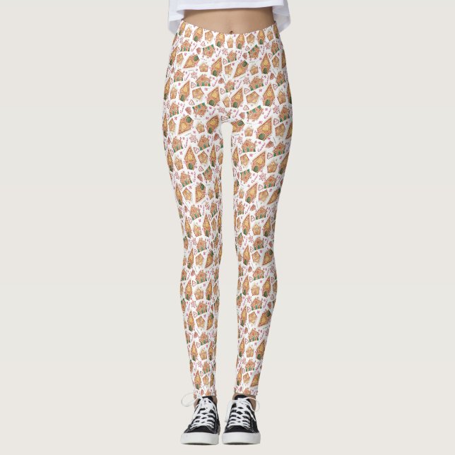 Leggings Festif Maison en pain d'épices Motif Noël blanc (Devant)