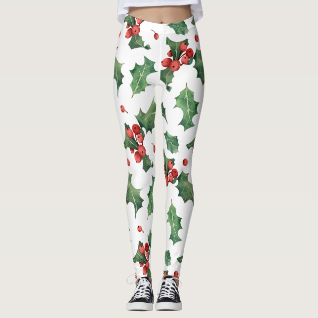 Leggings Festif motif carrelé de baies de Noël (Devant)