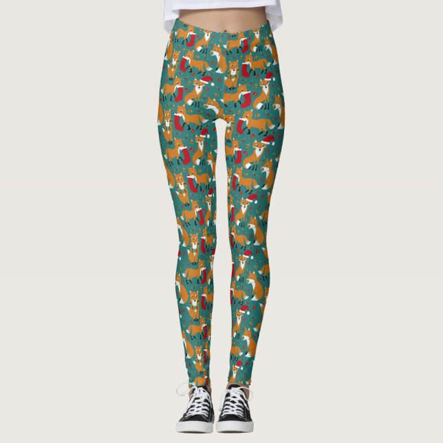 Leggings Festive Foxes mignonne à motif Noël (Devant)