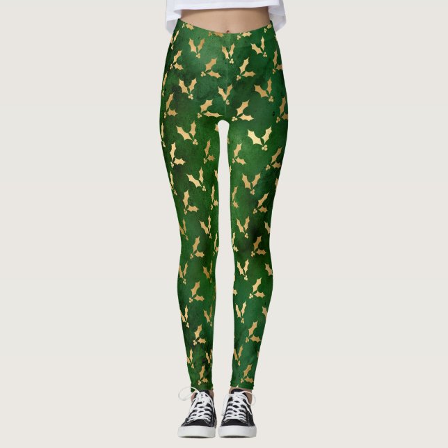 Leggings Festive Green et Gold Foil hiver Noël Holly (Devant)