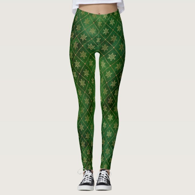 Leggings Festive Green et Gold Foil Snowflakes d'hiver (Devant)