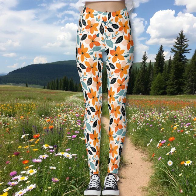 Leggings Feuillage et fleurs orange et bleu (Créateur téléchargé)