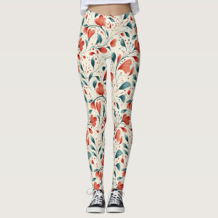 Leggings Feuille bleue blanche et motif floral rouge