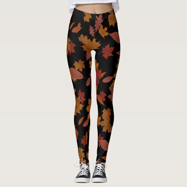 Leggings Feuille en baisse d'automne sur le noir fait sur (Devant)