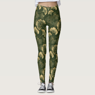 Leggings Feuilles de Ginkgo dorées élégantes Émeraude Vert
