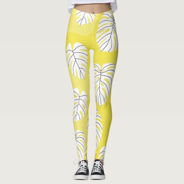 Leggings Feuilles de Monstera, arrière - plan jaune vif. (Devant)