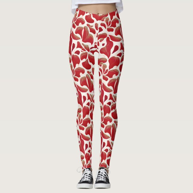 Leggings Feuilles de vol blanc et rouge Motif répétitif (Devant)