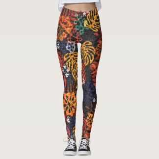 Leggings Feuilles exotiques sur denim, impression transpare