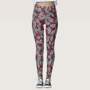 Leggings Feuilles gris sur rouge foncé