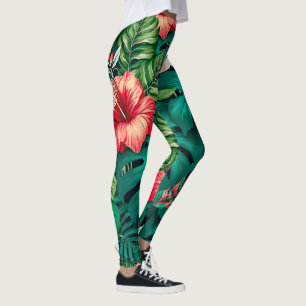 Leggings Feuilles Tropicales Élégantes et Fleurs d'Hibiscus