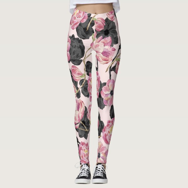 Leggings Fille Rose et Noir Aquarelle Fleurs (Devant)