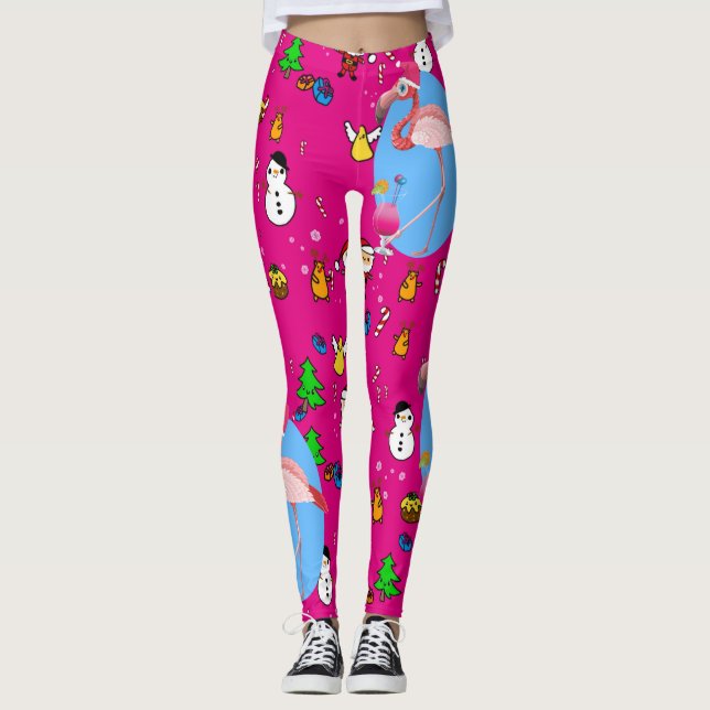 Leggings Flamant rose Noël Funny Doodles Festif Amusant (Devant)