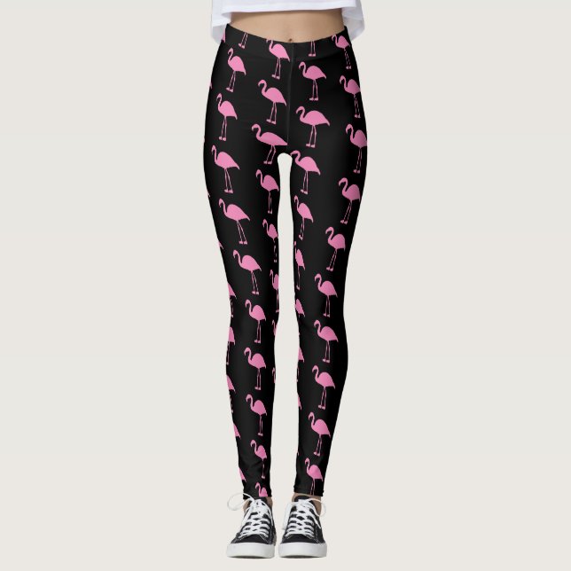 Leggings Flamants roses roses en noir (Devant)
