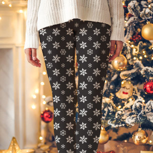 Leggings Flammes De Neige Blanches Sur Noir Mignonne Noël