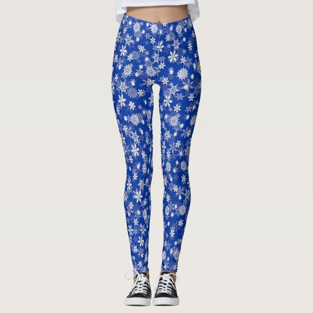 Leggings Flammes de neige de Noël Bleu et Blanc (Devant)