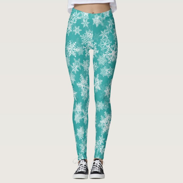 Leggings Flammes de neige turquoise et blanche Vacances hiv (Devant)