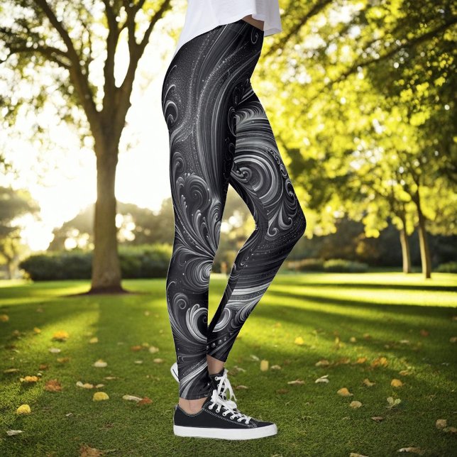 Leggings Fléchissement Abstrait moderne Noir et Argent (Créateur téléchargé)