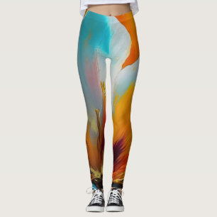 Leggings Fleur abstraite en orange et sarcelle