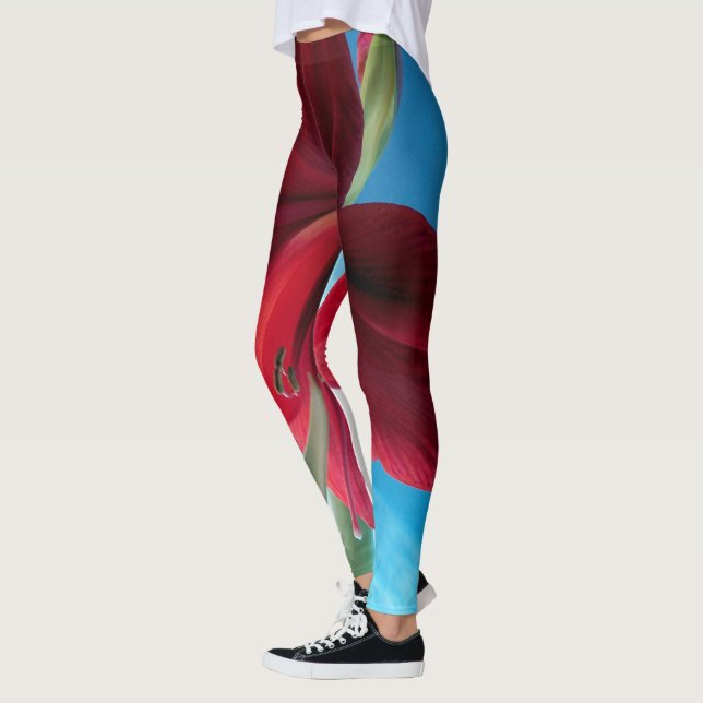 Leggings Fleur Amaryllis rouge vif, arrière - plan bleu WOW (Gauche)