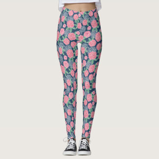 Leggings Fleur blanche et rose bleu marine