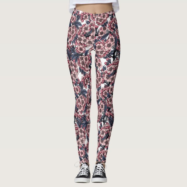 Leggings Fleur de cerisier rose et bleu (Devant)