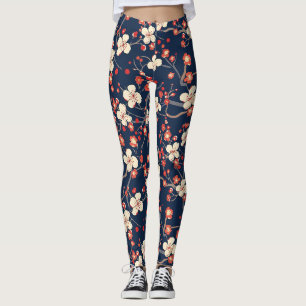 Leggings Fleur de Cerisier Rouge Navy Fleur Japonaise