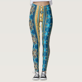 Leggings Fleur de lis Smoky Blue Gold Jaune Motif ethnique