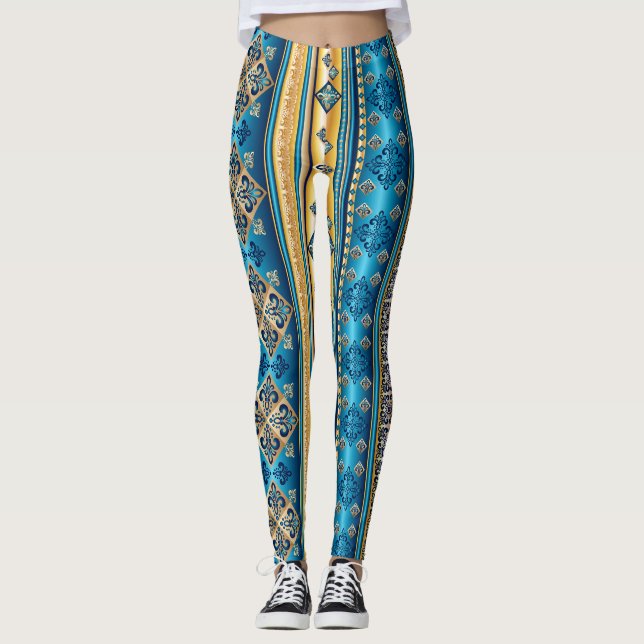 Leggings Fleur de lis Smoky Blue Gold Jaune Motif ethnique (Devant)
