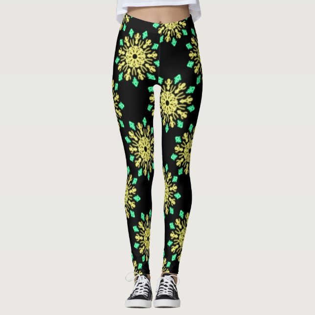 Leggings Fleur de néon jaune et vert (Devant)