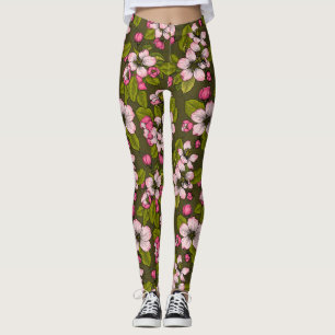 Leggings Fleur de pomme sur vert foncé
