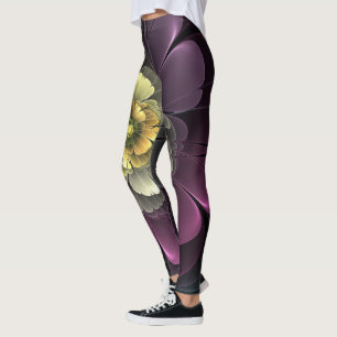 Leggings Fleur fractale grise et pourpre moderne abstraite